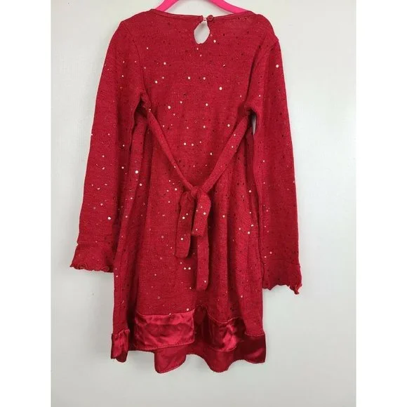 Dollie and Me Girls Dress Size 8 Red Bell Long Sleeve Bow Detail Sequined Flar - Picture 4 of 8